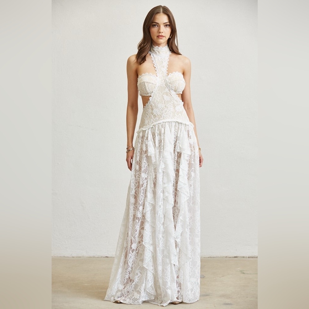 Lace Ruffle Drop Waist Maxi Dress with Cutouts - BLITHE